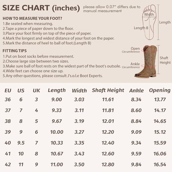 J's.o.l.e Women Brown Cowboy Boot Square Mid Calf Pull On Fashion Embroidered - Picture 9 of 9